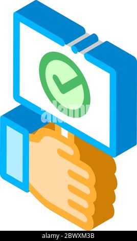 Hand Holding Tablet With Approved Mark isometric icon Stock Vector