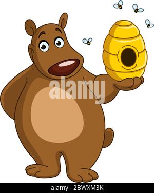 Happy bear holding a beehive Stock Vector