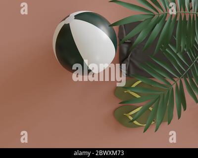 Beach Ball flipflop sandals and towel under tropical leaves in studio viewed from above as minimalism concept - 3d Illustration Stock Photo