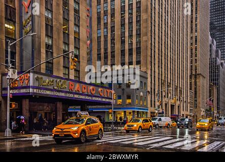 New York City, USA, May 2019, facade of the Radio City Music Hall building on a rainy day Stock Photo