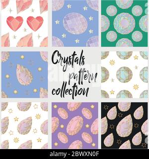 Seamless pattern of colorful jewels gemstones and crystals on black background. Stock Vector