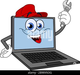 Cartoon computer holding a wrench Stock Vector
