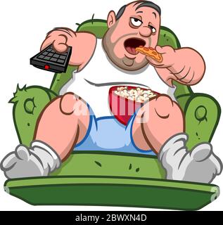 Couch potato slob overweight man sitting on the sofa, eating pizza slice and popcorn while watching TV Stock Vector
