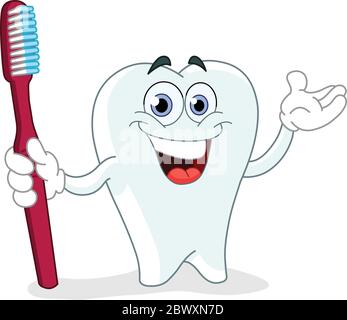 Cartoon tooth holding a toothbrush Stock Vector