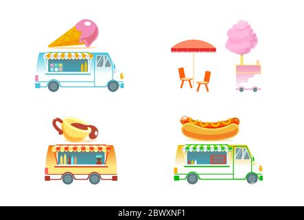 Set of food trucks vector isolated illustration. Hot dog, coffee cup, cotton candy, ice cream van. Holiday city park restaurants. Street food car. Ready takeaway meal cafe kiosks cartoon background. Stock Vector