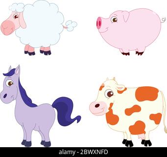 Illustration Set of cute farm animals: sheep, pig, horse and cow Stock Vector