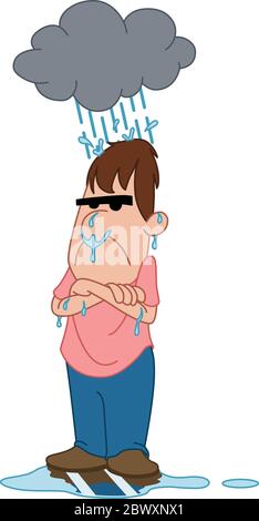 Cartoon depressed and angry wet man under a rain cloud Stock Vector