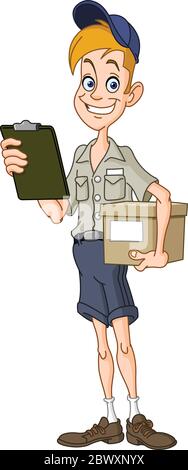 Smiling delivery man with a parcel and a clipboard Stock Vector