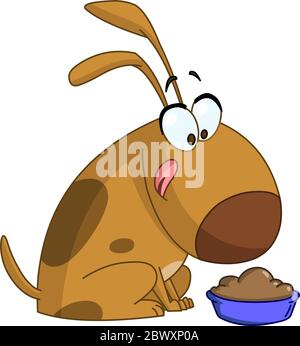 Cartoon dog getting ready to eat from a bowl Stock Vector