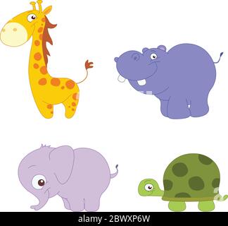 Illustration Set of cute animals: giraffe, hippopotamus, elephant and turtle Stock Vector