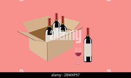 Vector isolated Illustration of a Box of Wine Bottles and a Glass of Wine Stock Vector