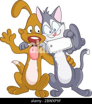 Dog and cat taking a selfie, self portrait picture, with a smart phone Stock Vector