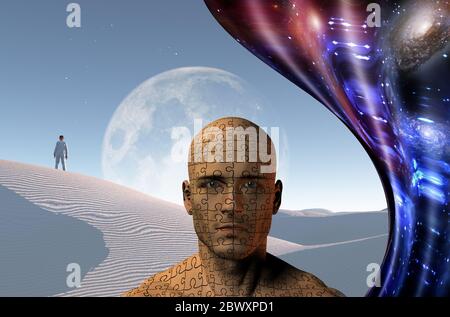 Surreal painting. Man in suit and bowler stands in white desert. Big moon at the horizon. Man's head with puzzle pattern. Warped space Stock Photo