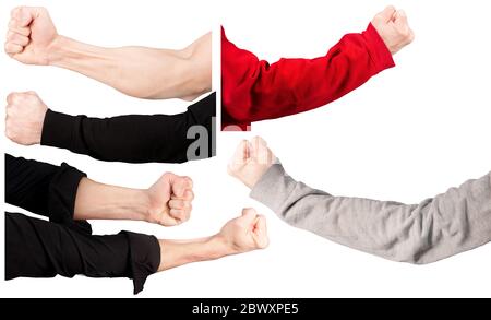 Set of male hands in different sleeves and without them, clenched into a fist. isolated Stock Photo