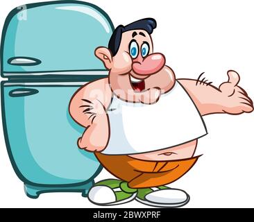 Fat man leaning on a fridge and presenting with his hand Stock Vector