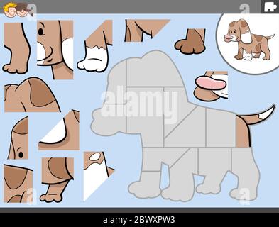 Cartoon Illustration of Educational Jigsaw Puzzle Game for Children with Puppy Dog Animal Character Stock Vector