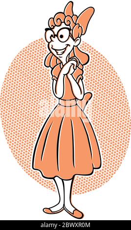 50s retro style of an excited girl with clasped hands Stock Vector