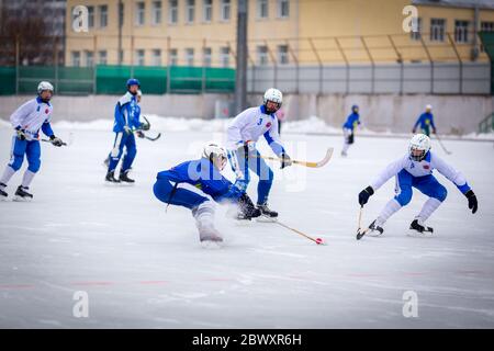 RUSSIA, OBUKHOVO - NOVEMBER 26, 2017: Moscow region bandy championship. BC Obukhovo - BC Vympel 4:4. Stock Photo