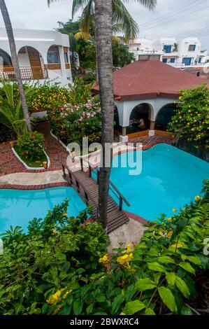 View of the swimming pool of the Hotel Silberstein in Puerto Ayora