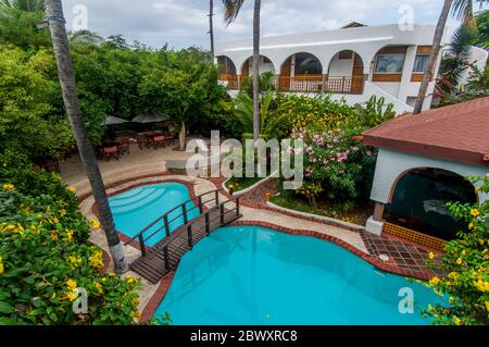 View of the swimming pool of the Hotel Silberstein in Puerto Ayora