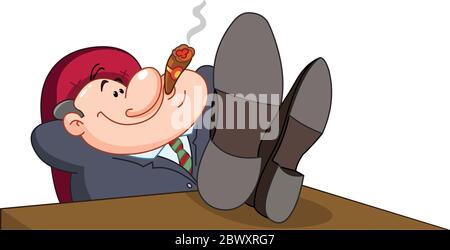 Happy boss smoking cigar with legs over table Stock Vector