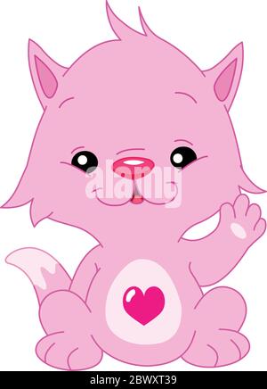 Cute pink kitten with a heart shape on his belly waving hello Stock Vector