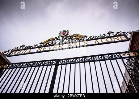 You'll Never Walk Alone. Bill Shankly Memorial Gate. Anfield, Liverpool, United Kingdom. Stock Photo