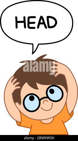 Young kid boy with eyeglasses holding and saying head in a speech bubble. Illustration from naming face and body parts serious. Stock Vector