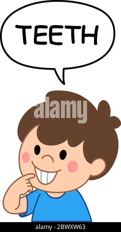 Young kid boy pointing to and saying teeth in a speech bubble. Illustration from naming face and body parts serious. Stock Vector