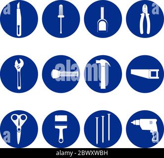 Tools blue and white icons with wrench, screwdriver, flashlight, pliers, drill, saw, nails, hammer, stiletto, scissors, brush, tape Stock Vector