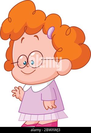 Cute curly little girl wearing glasses waving with her hand Stock Vector