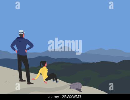 Couple of tourists in high mountains cartoon Stock Vector