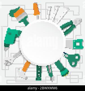 Twelve building tools with circular copy space: brush, screwdriver, nails, pliers, saw, scissors, flashlight, stiletto, measuring tape, hammer, wrench Stock Vector