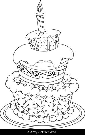 Outlined birthday cake. Vector line art illustration coloring page. Stock Vector