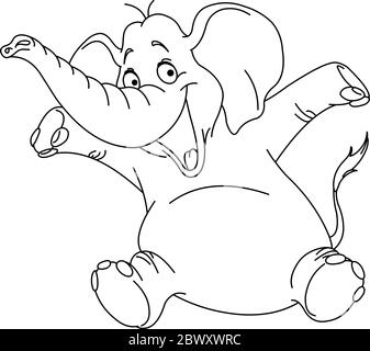 Outlined cheerful elephant raising his hands. Vector illustration coloring page. Stock Vector