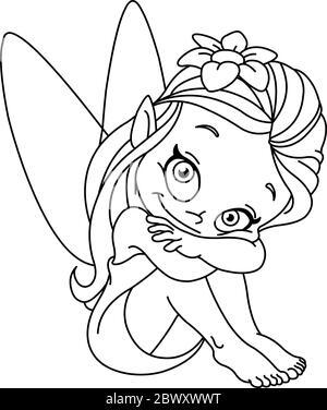 Outlined illustration of a little fairy. Vecto coloring page. Stock Vector