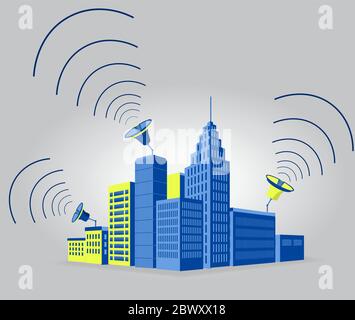 In a city, blue buildings with antenna emitting sound waves. Stock Vector