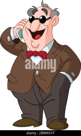 Happy senior man with black sunglasses wearing suit and bow tie speaking on mobile phone Stock Vector