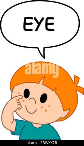 Young kid boy pointing to and saying eye in a speech bubble. Illustration from naming face and body parts serious. Stock Vector