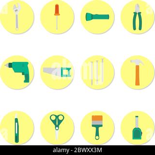 Tools icons with wrench, screwdriver, flashlight, pliers, drill, saw, nails, hammer, stiletto, scissors, brush, tape Stock Vector