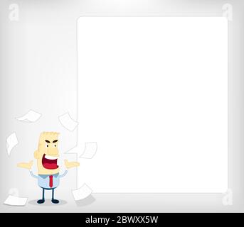 Stressed businessman throwing papers in the air and speaking through a empty balloon. Stock Vector