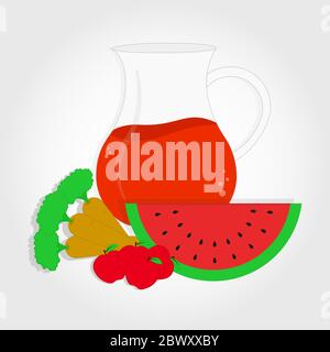 Fruit juices and vegetables. Bottle with juice and carrots, watermelon and apples forward. Stock Vector