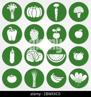 Sixteen circular icons of fruits and vegetables: celery, pumpkin, carrots, broccoli, bell pepper, strawberry beets, apples, eggplant, cabbage, waterme Stock Vector