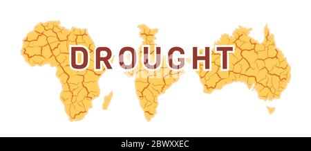 Drought in the world for concept print design. Yellow cracked vector background with text. Desert in Australia, India, Africa. Global earth climate problem. Warning Poster isolated on white backdrop. Stock Vector