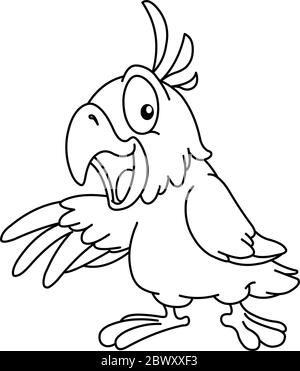 Outlined Cartoon parrot presenting with his wing. Vector illustration coloring page. Stock Vector