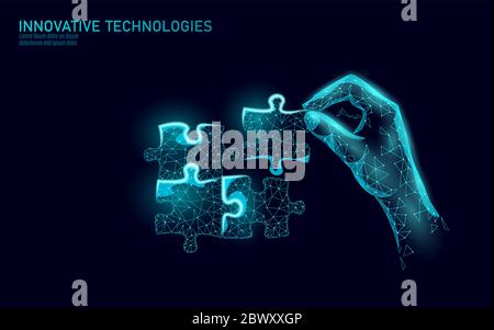 3D puzzle pieces joined together. Teamwork business concept. Creative idea problem solution cooperation. Low poly blue strategy match game vector Stock Vector