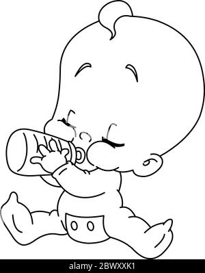 Outlined baby drinking bottle. Vector line art illustration coloring page. Stock Vector