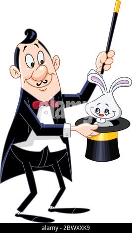 Magician performing the rabbit in a hat trick Stock Vector