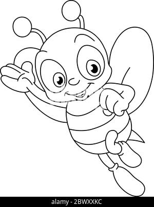 Outlined happy bee presenting with her hand. Vector line art illustration coloring page. Stock Vector