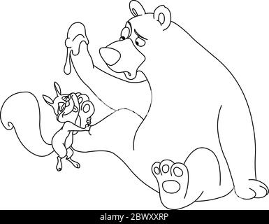 Outlined bear and squirrel. Vector line art illustration coloring page. Stock Vector
